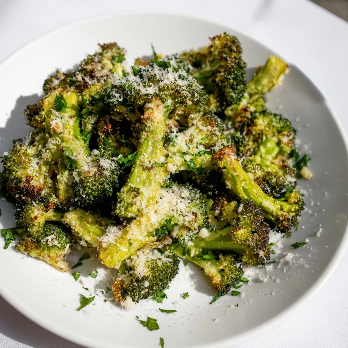 Golden-brown roasted broccoli with garlic and parmesan on a baking sheet served with lemon wedges for a bright finish.