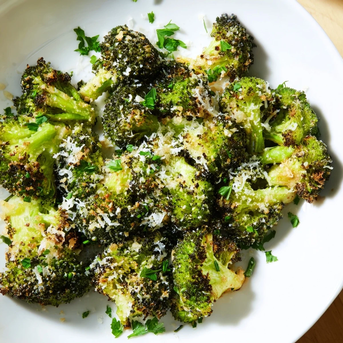 Tender roasted broccoli with garlic and parmesan paired with grilled chicken for an easy weeknight dinner plate.