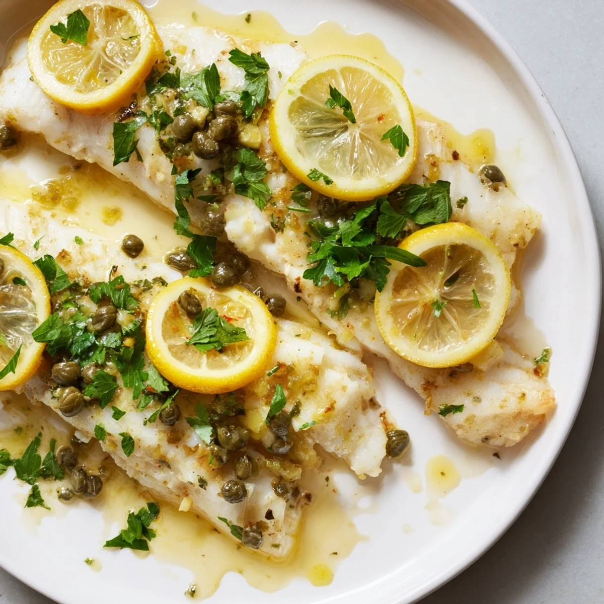 Golden-brown baked haddock with lemon and capers garnished with fresh parsley on a white plate, ready to serve.