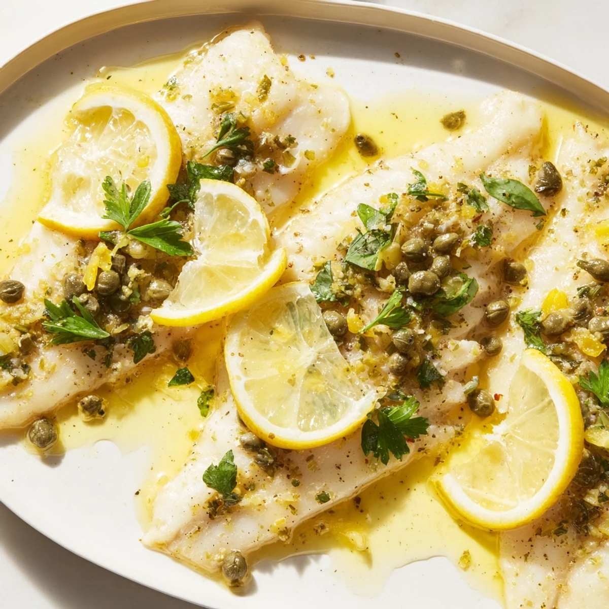 A close-up of tender baked haddock with lemon and capers drizzled in olive oil and fresh herbs.