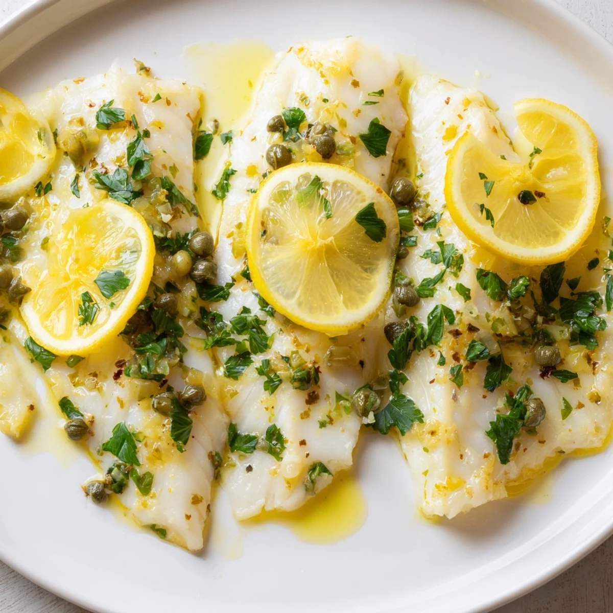 Healthy baked haddock with lemon and capers alongside steamed vegetables on a rustic wooden table.