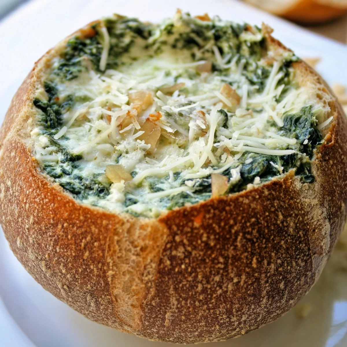 Creamy Spinach Dip with Sourdough Bread bubbling golden and cheesy beside rustic toasted bread slices.