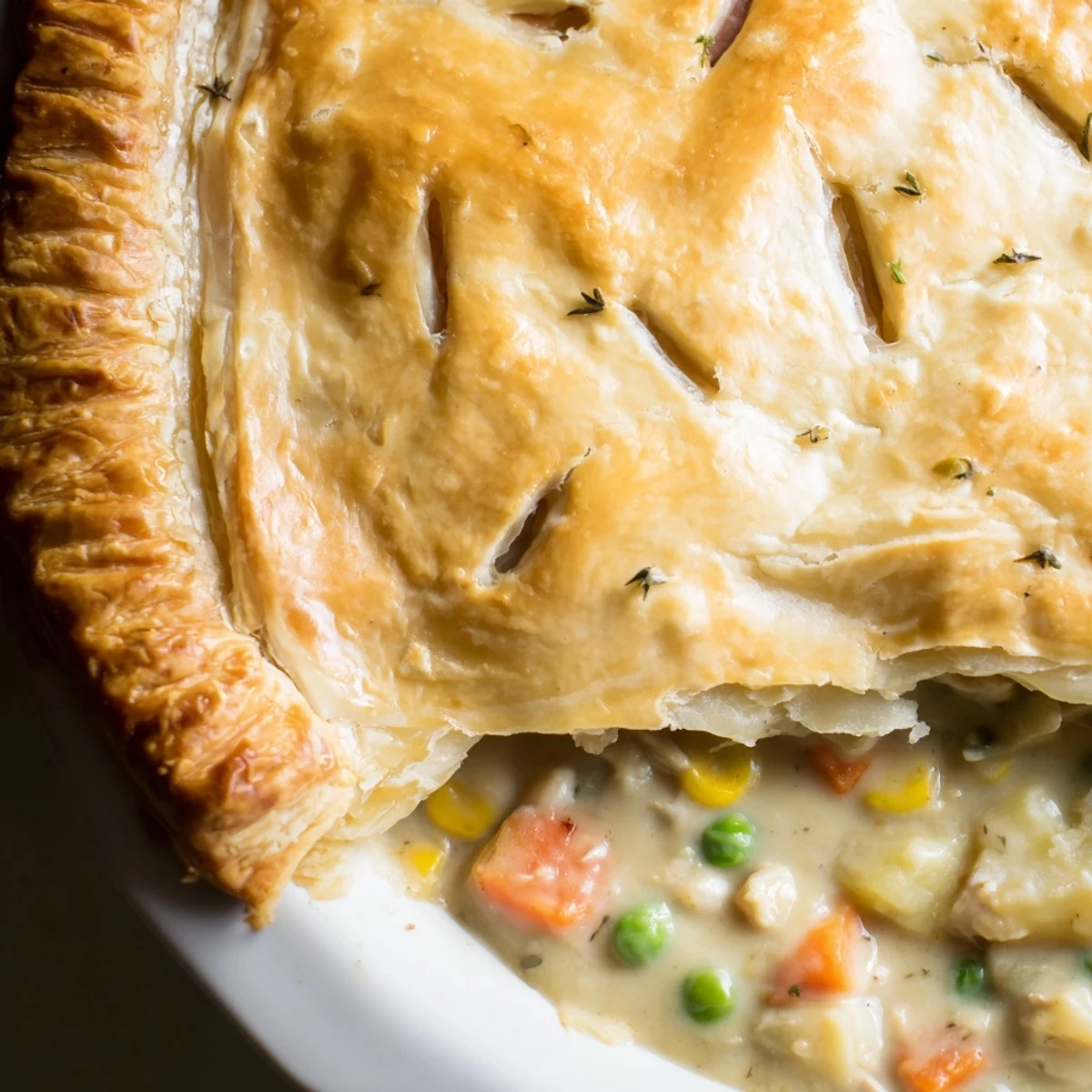 Steam rises from a freshly baked Turkey Pot Pie with Puff Pastry Crust revealing tender turkey and vegetables under a buttery crust.