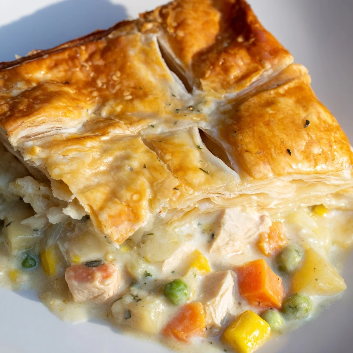 Golden Turkey Pot Pie with Puff Pastry Crust emerges from the oven with a flaky, golden-brown topping and bubbling creamy filling.