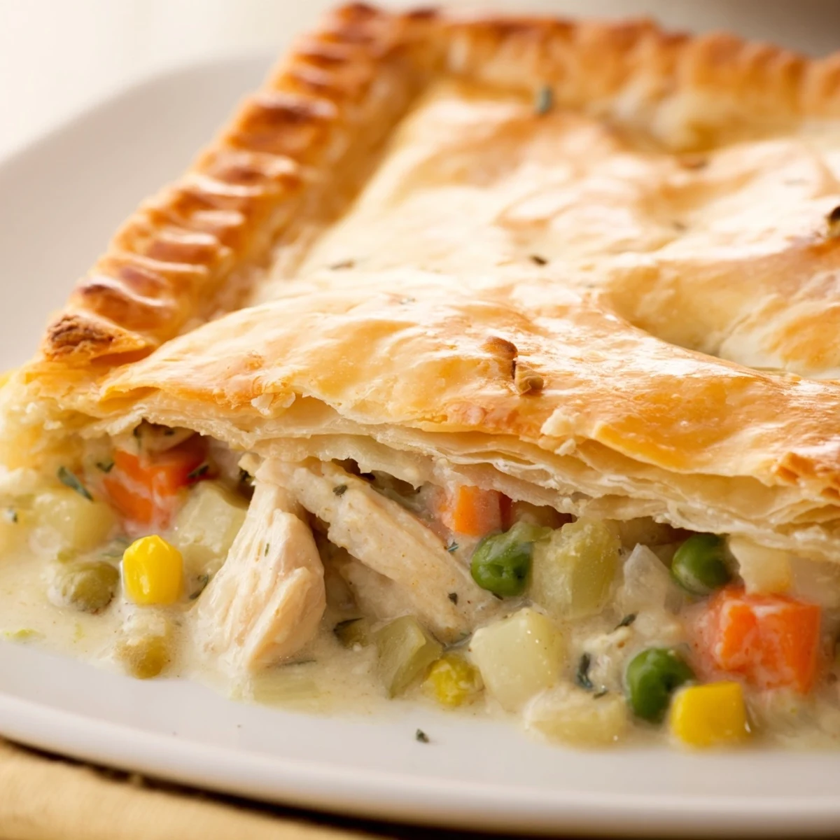 A slice of Turkey Pot Pie with Puff Pastry Crust rests on a white plate, showing creamy filling and flaky pastry layers.