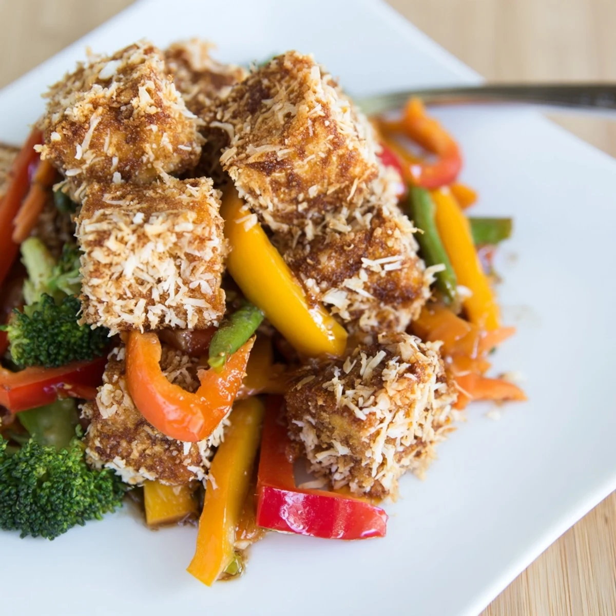 Golden crispy coconut tofu cubes with vibrant stir-fried red and yellow peppers, carrots, and snap peas on a white plate.