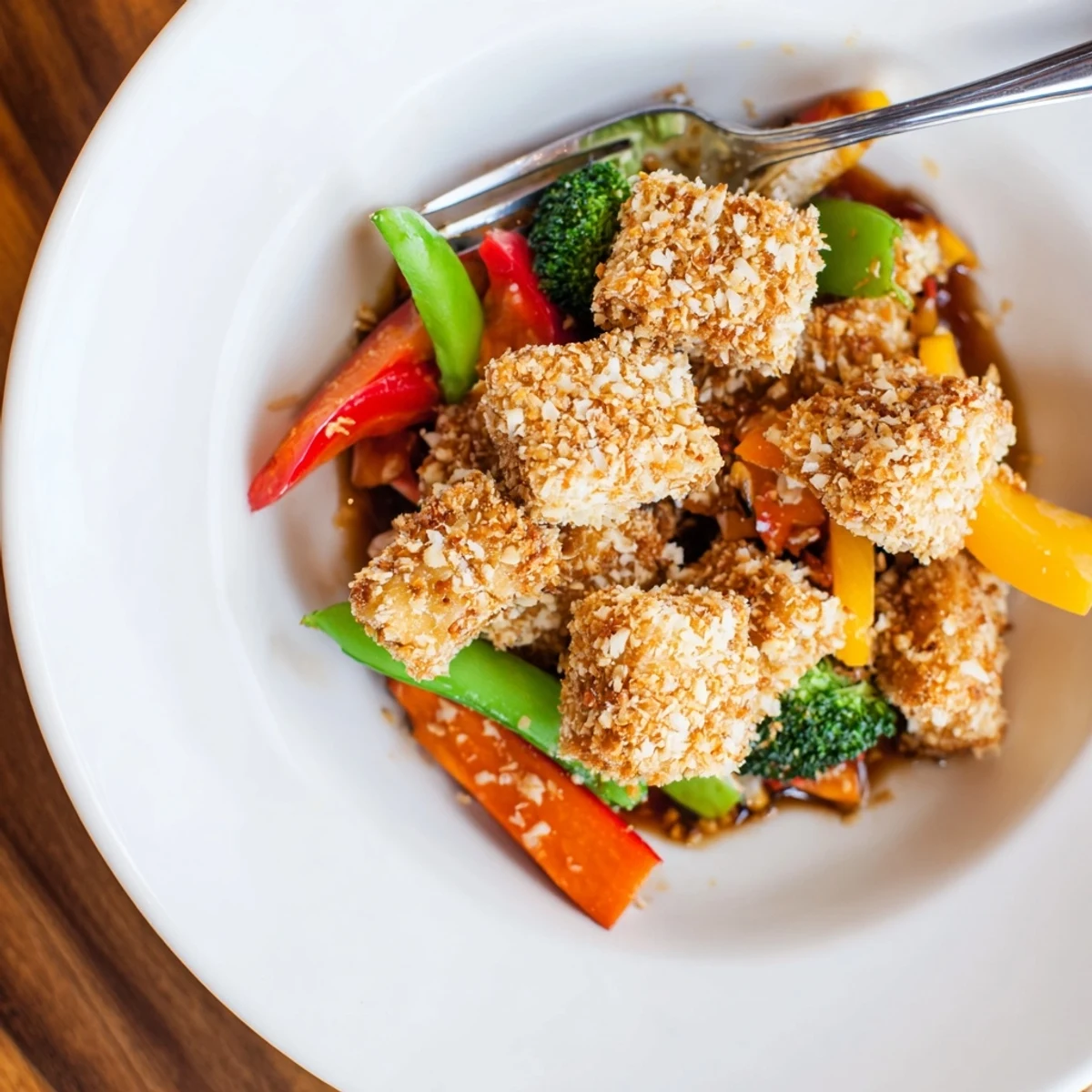 A close-up of the Crispy Coconut Tofu with Stir Fry Veggies, highlighting the toasted coconut coating and crunchy vegetable medley.