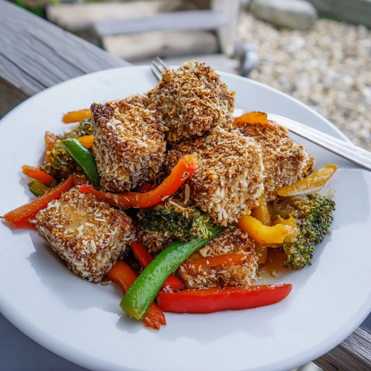 This Crispy Coconut Tofu with Stir Fry Veggies recipe is served warm with a savory-sweet sauce drizzled over the colorful vegetables.