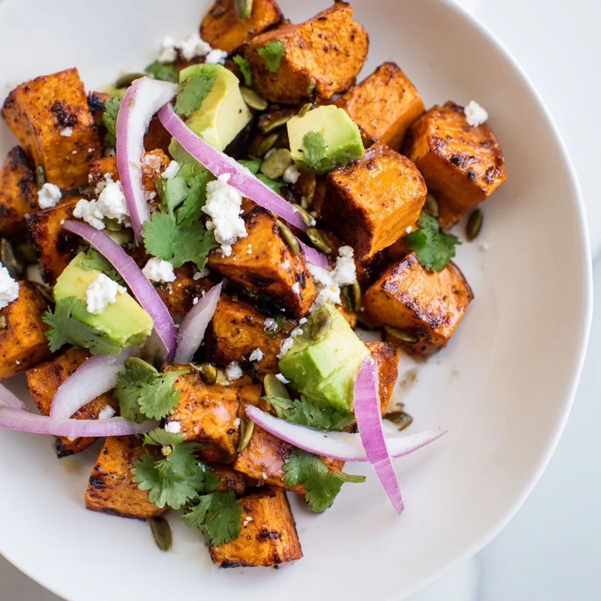 A close-up of Roasted Sweet Potato Salad with Lime, featuring caramelized cubes and a zesty drizzle.