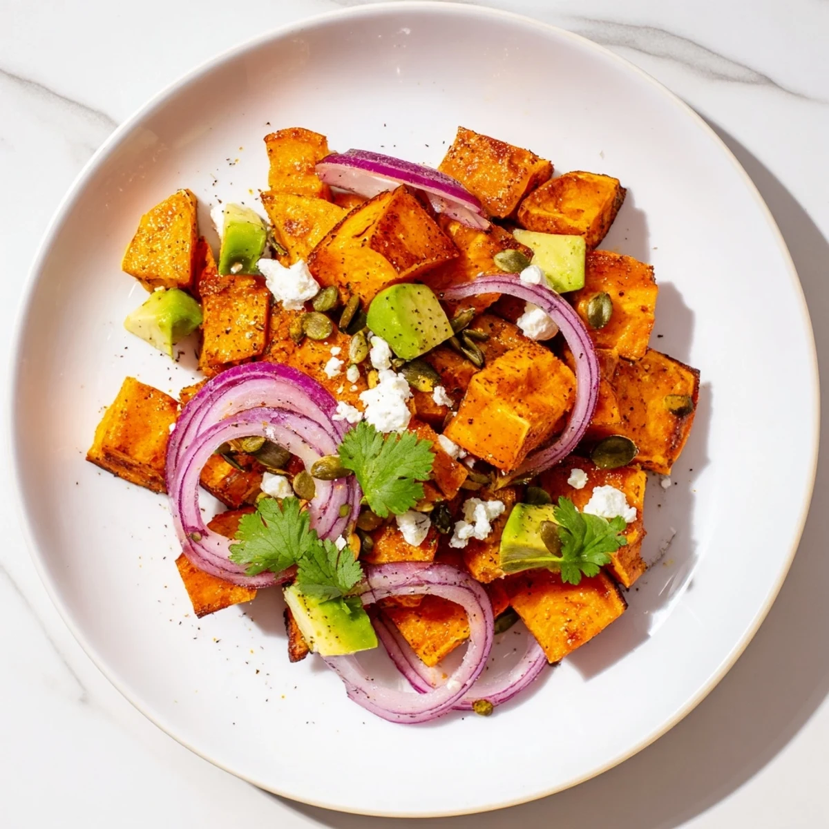 Roasted Sweet Potato Salad with Lime served in a white bowl with fresh greens and avocado.