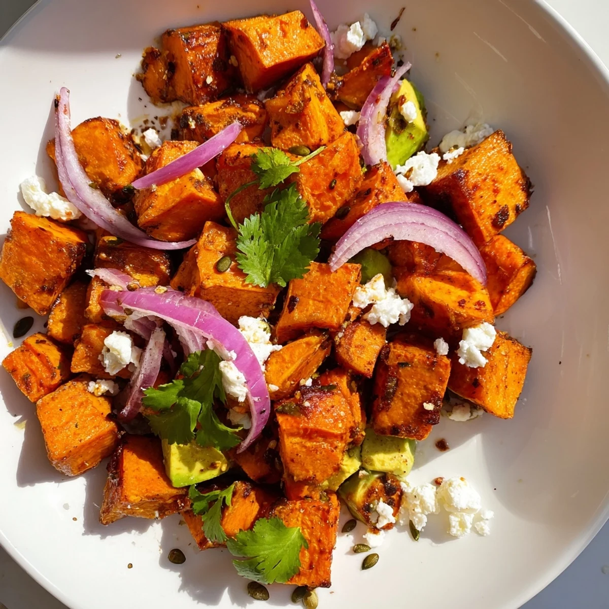 Colorful platter of Roasted Sweet Potato Salad with Lime topped with feta and pumpkin seeds.