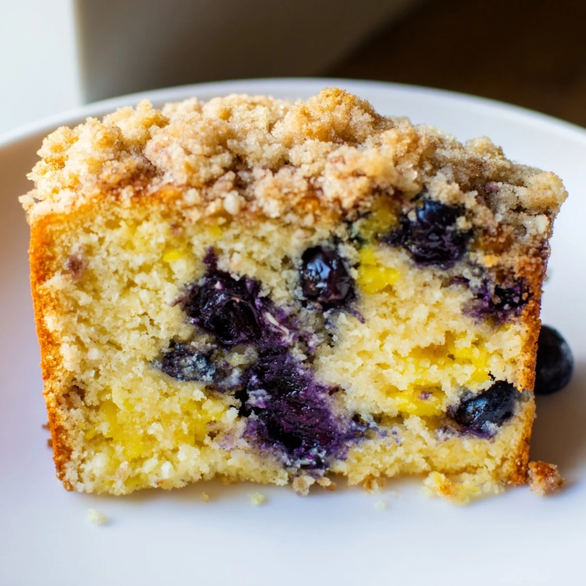 Warm Lemon Blueberry Coffee Cake with crunchy crumble and lemon glaze, served on a rustic wooden board for brunch.