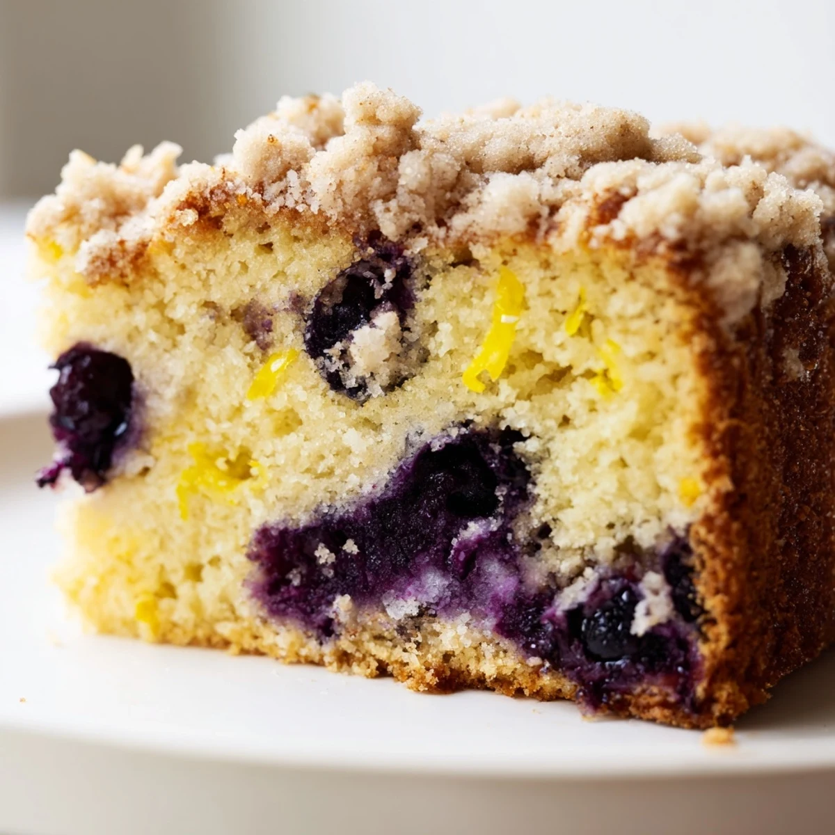 A slice of moist Lemon Blueberry Coffee Cake with a golden streusel topping and fresh blueberries on a white plate.