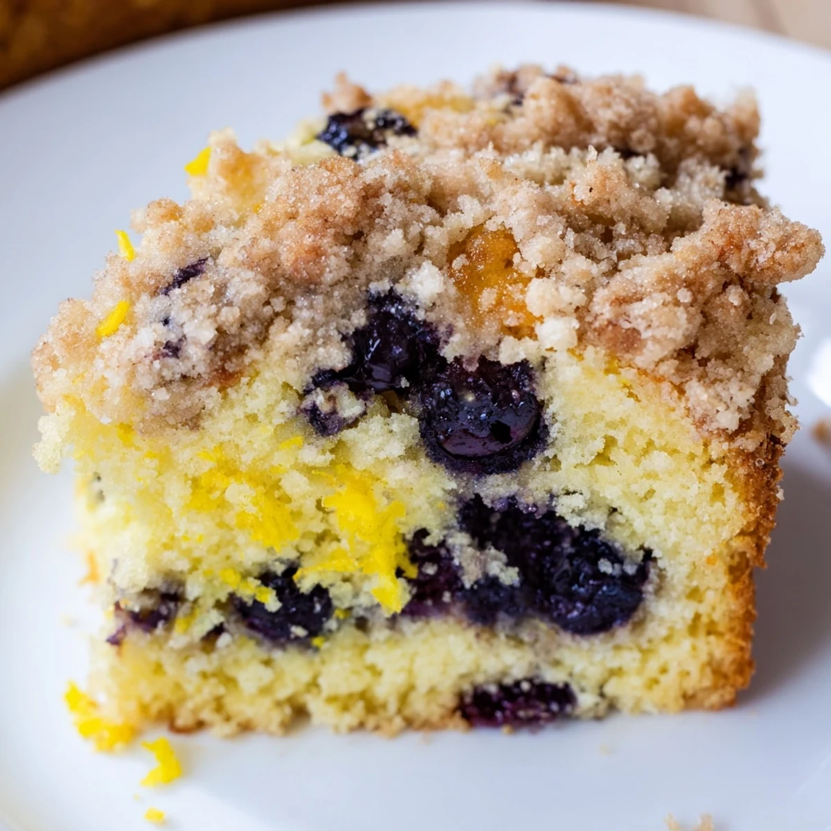 Freshly baked Lemon Blueberry Coffee Cake showing juicy blueberries and bright lemon zest in a round baking pan.