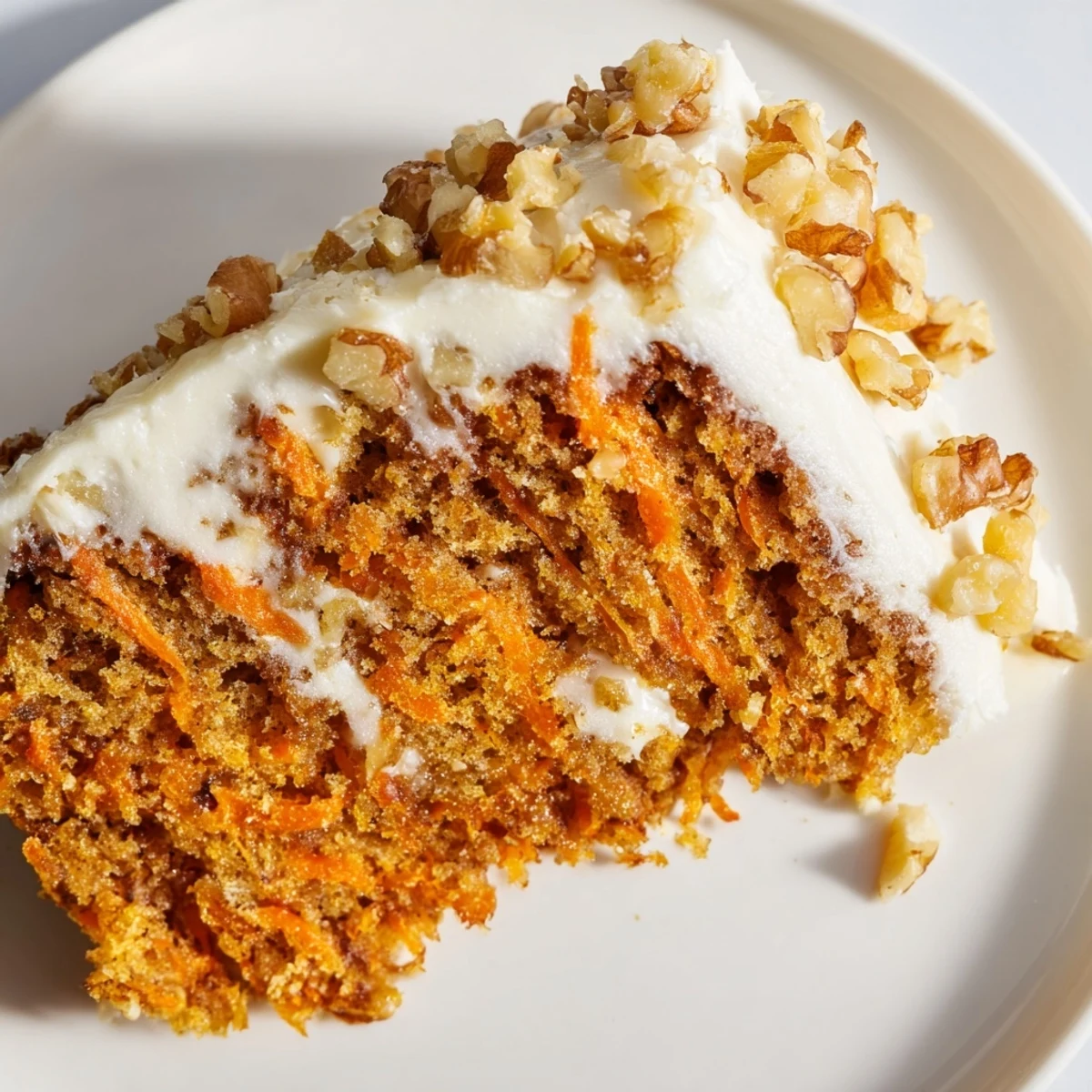 Easter Carrot Cake with Walnuts shows a tender slice filled with carrots, walnuts, and sweet cream cheese frosting.