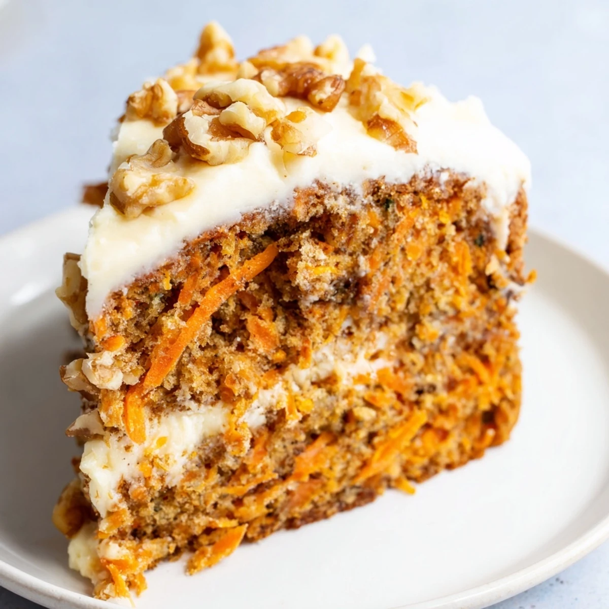 Easter Carrot Cake with Walnuts features a moist, spiced cake topped with creamy frosting, garnished with crunchy nuts.