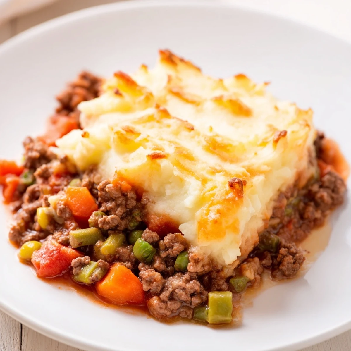 Golden-brown, bubbling Beef Shepherds Pie with Cheddar Mash rests in a ceramic dish, ready to serve.