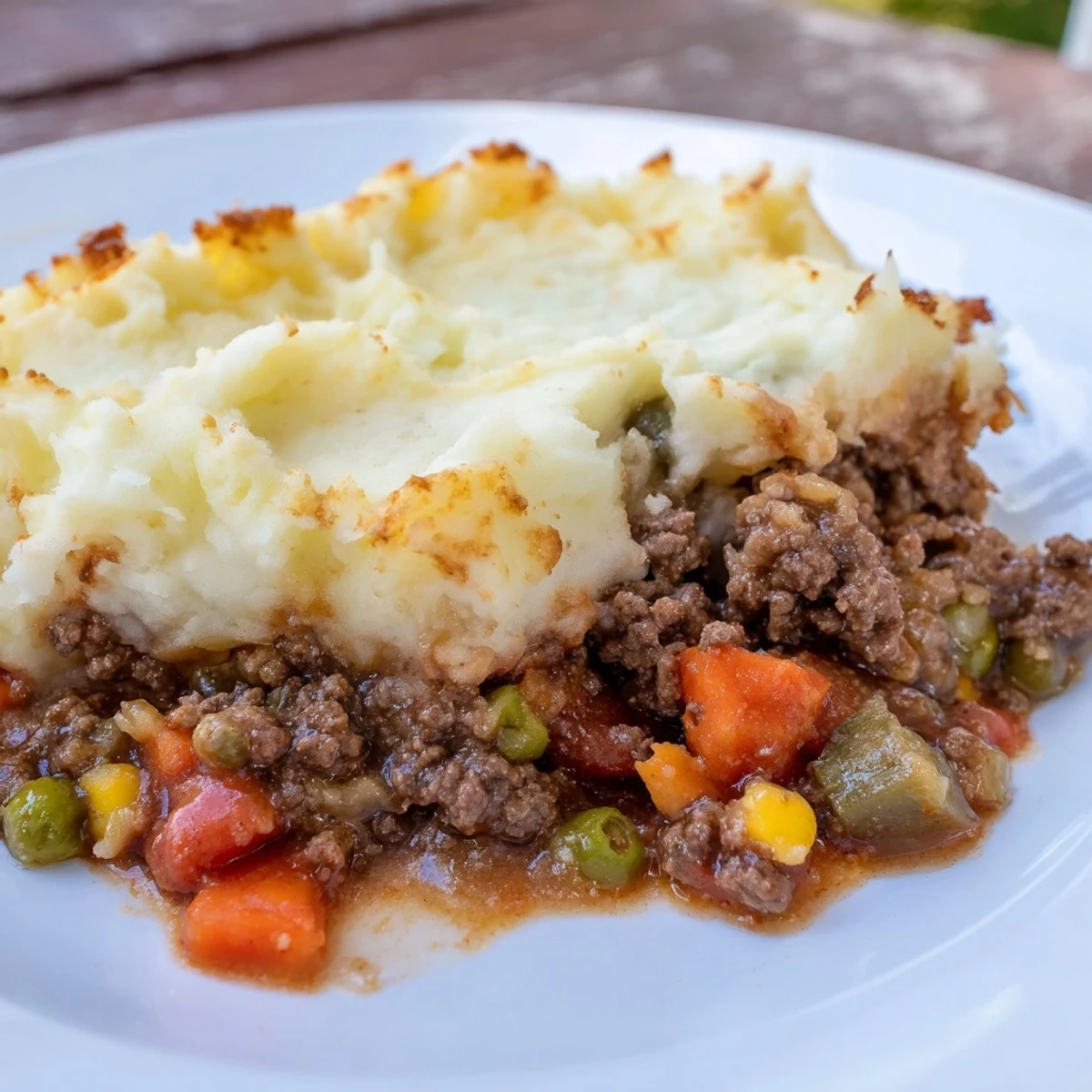 Fresh herbs garnish this hearty Beef Shepherds Pie with Cheddar Mash, featuring a rich beef filling.