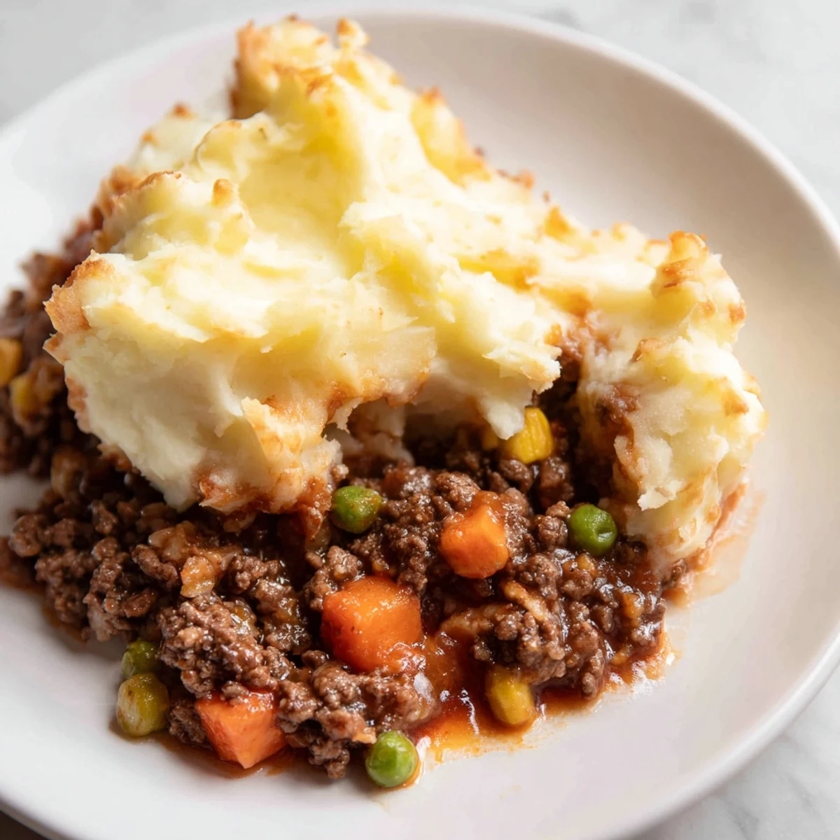 A fork lifts a cheesy scoop of Beef Shepherds Pie with Cheddar Mash, revealing savory layers.