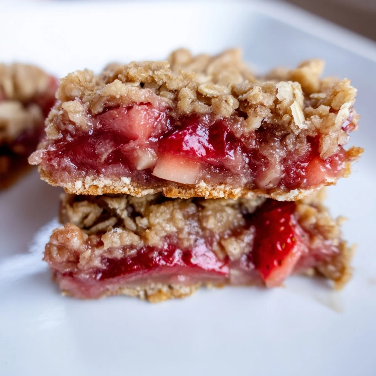 Golden-brown Strawberry Rhubarb Crumble Bars with a bubbling fruit filling, resting on a rustic wooden board.