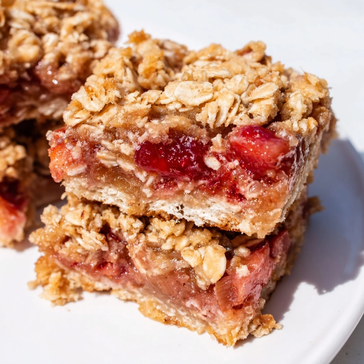 A close-up of Strawberry Rhubarb Crumble Bars showing chunky oats and sweet-tart pink filling.