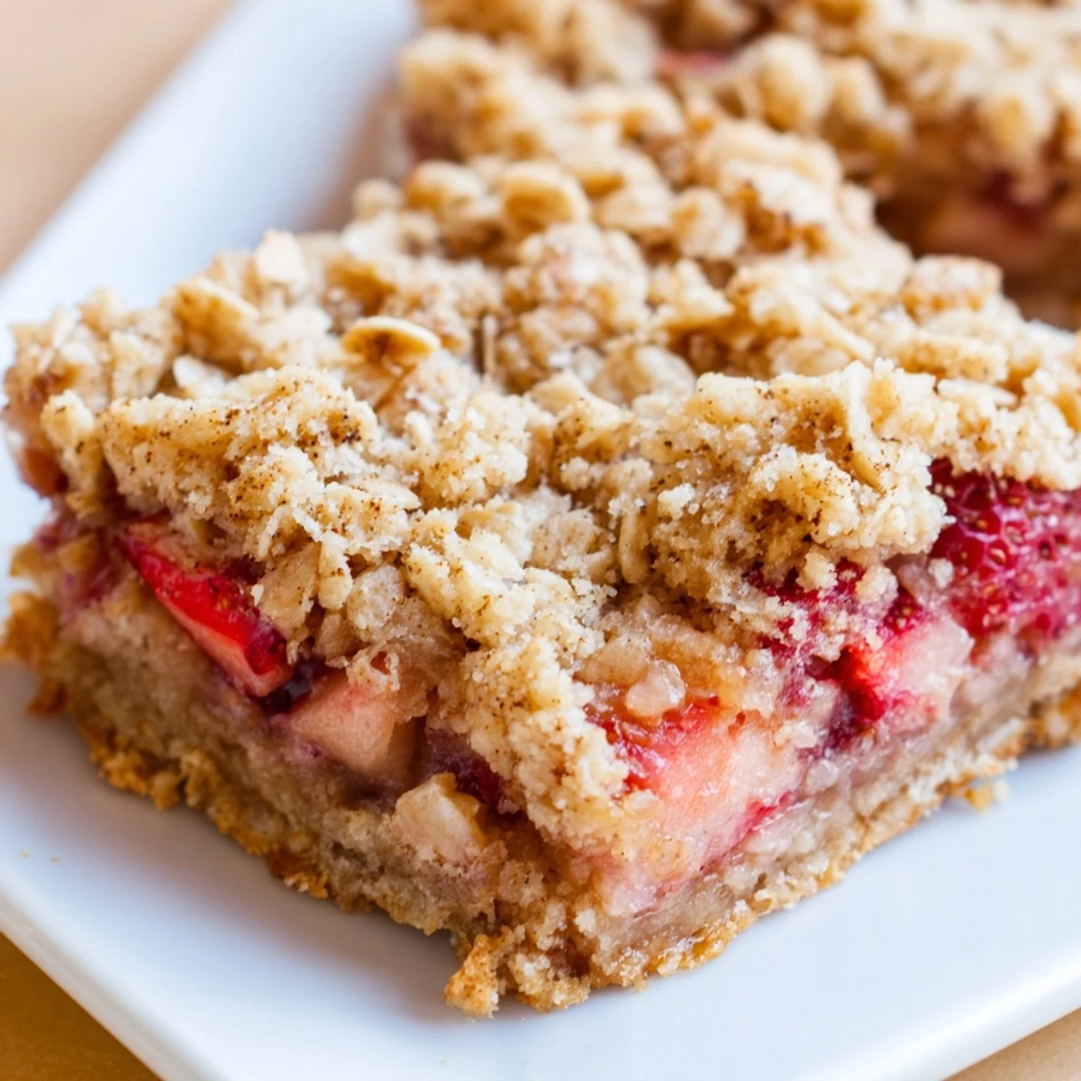 Freshly sliced Strawberry Rhubarb Crumble Bars revealing the sweet-tart filling and buttery crumble layers on a plate.  
