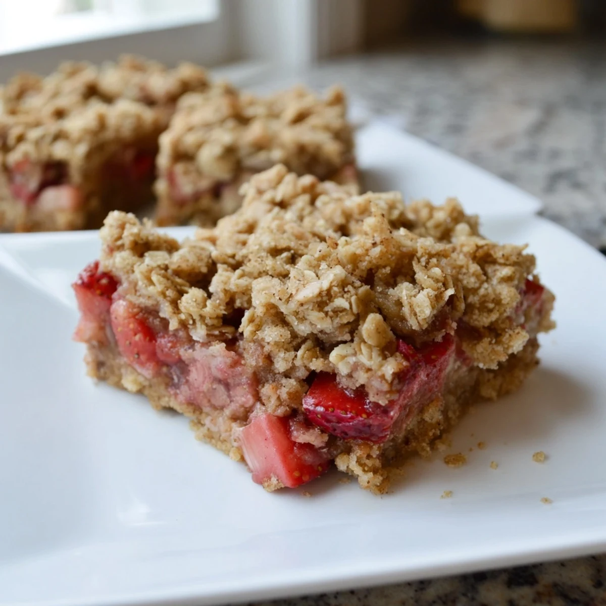 Golden baked Strawberry Rhubarb Crumble Bars with a bubbly fruit filling and oat crumble topping on a wooden board.  
