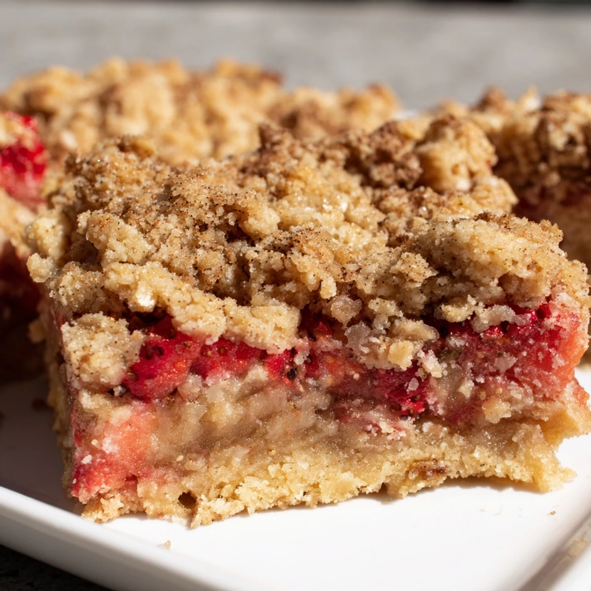 Homemade Strawberry Rhubarb Crumble Bars served with a scoop of vanilla ice cream for a delicious summer dessert.