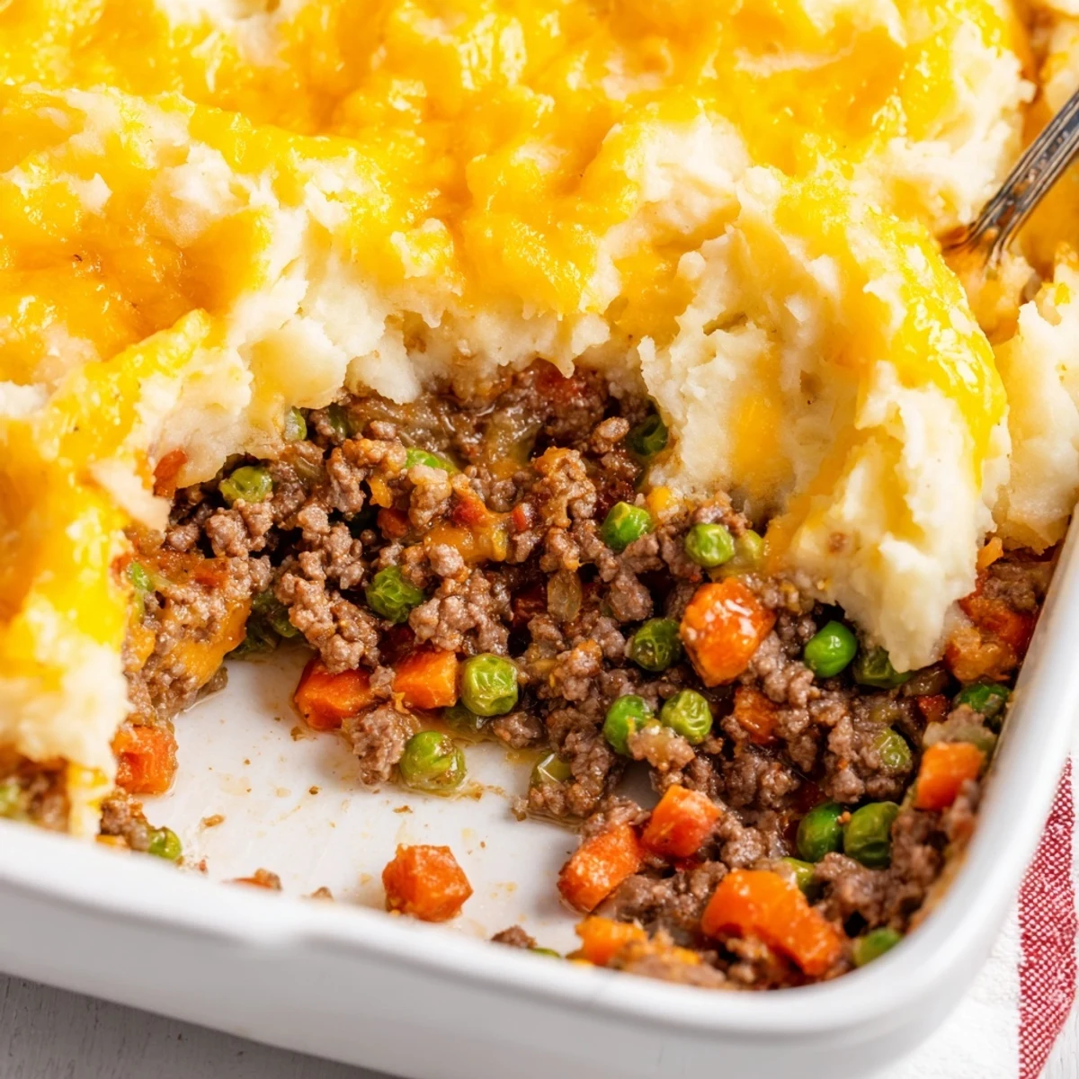 Savory ground beef and vegetables with golden cheddar mash topping of Beef Shepherds Pie with Cheddar Mash.
