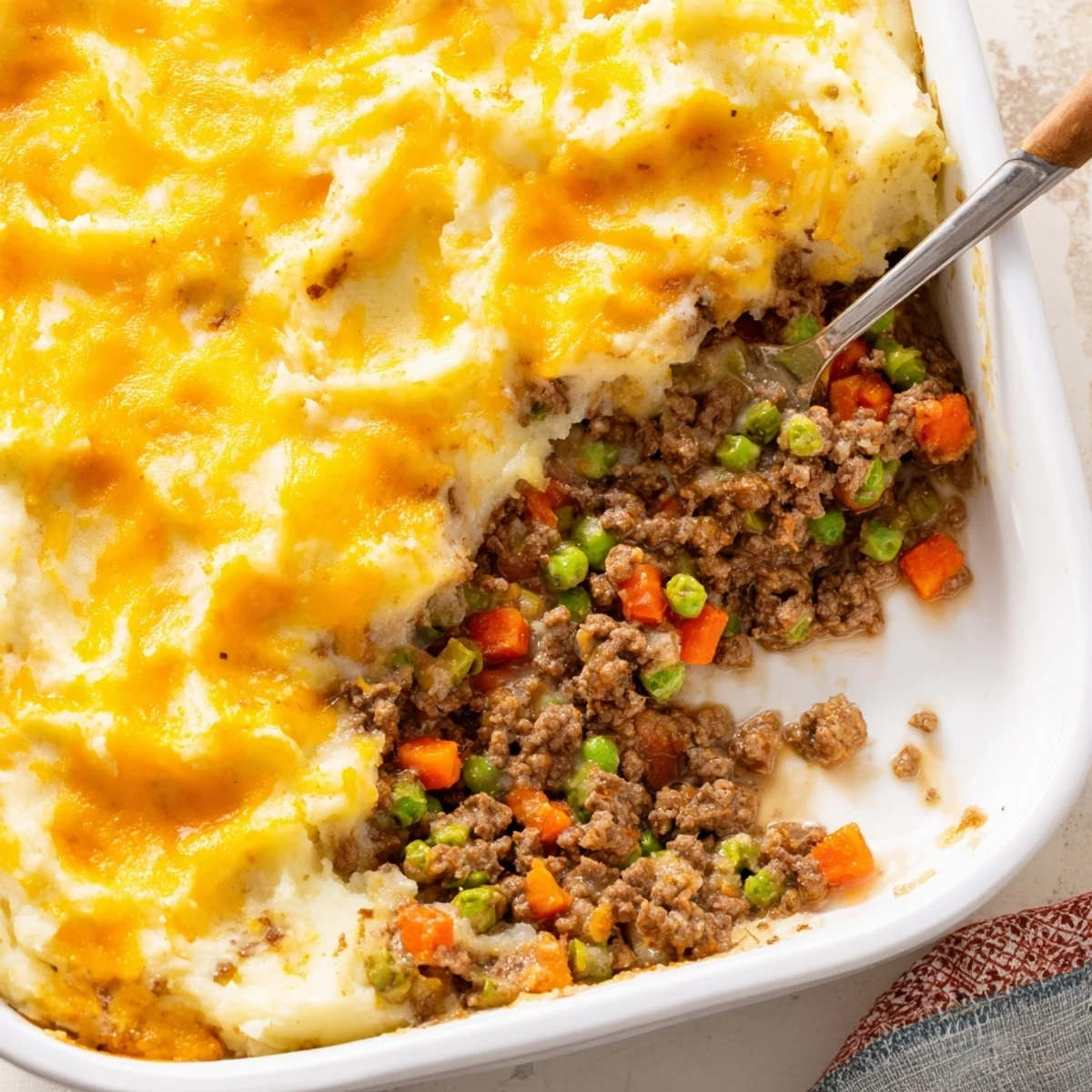 In a white baking dish, the bubbling Beef Shepherds Pie with Cheddar Mash pairs with a green salad.