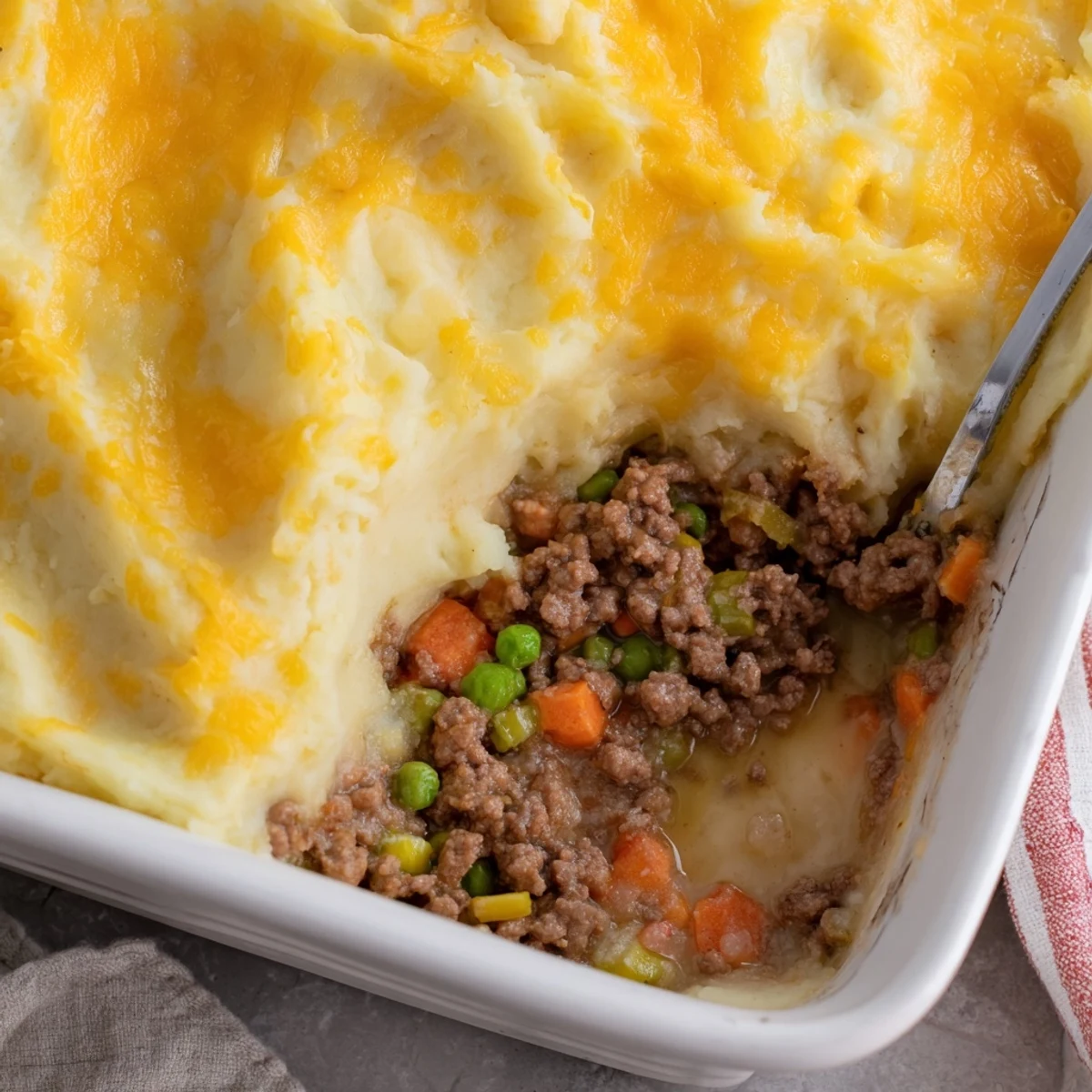 Freshly baked Beef Shepherds Pie with Cheddar Mash shows a rustic fork swirl and steam rising.