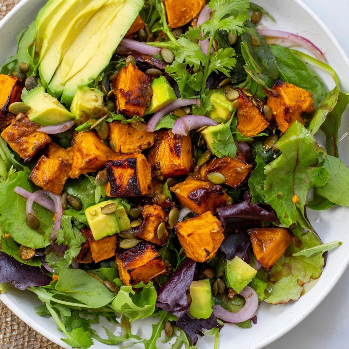 Roasted Sweet Potato Salad with Lime Dressing features caramelized cubes, creamy avocado, and pepitas on a bed of crisp greens.