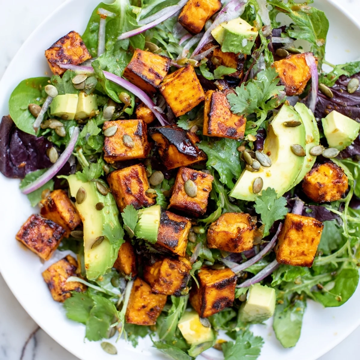 Vibrant Roasted Sweet Potato Salad with Lime Dressing is served in a white bowl, garnished with cilantro and toasted pecans.