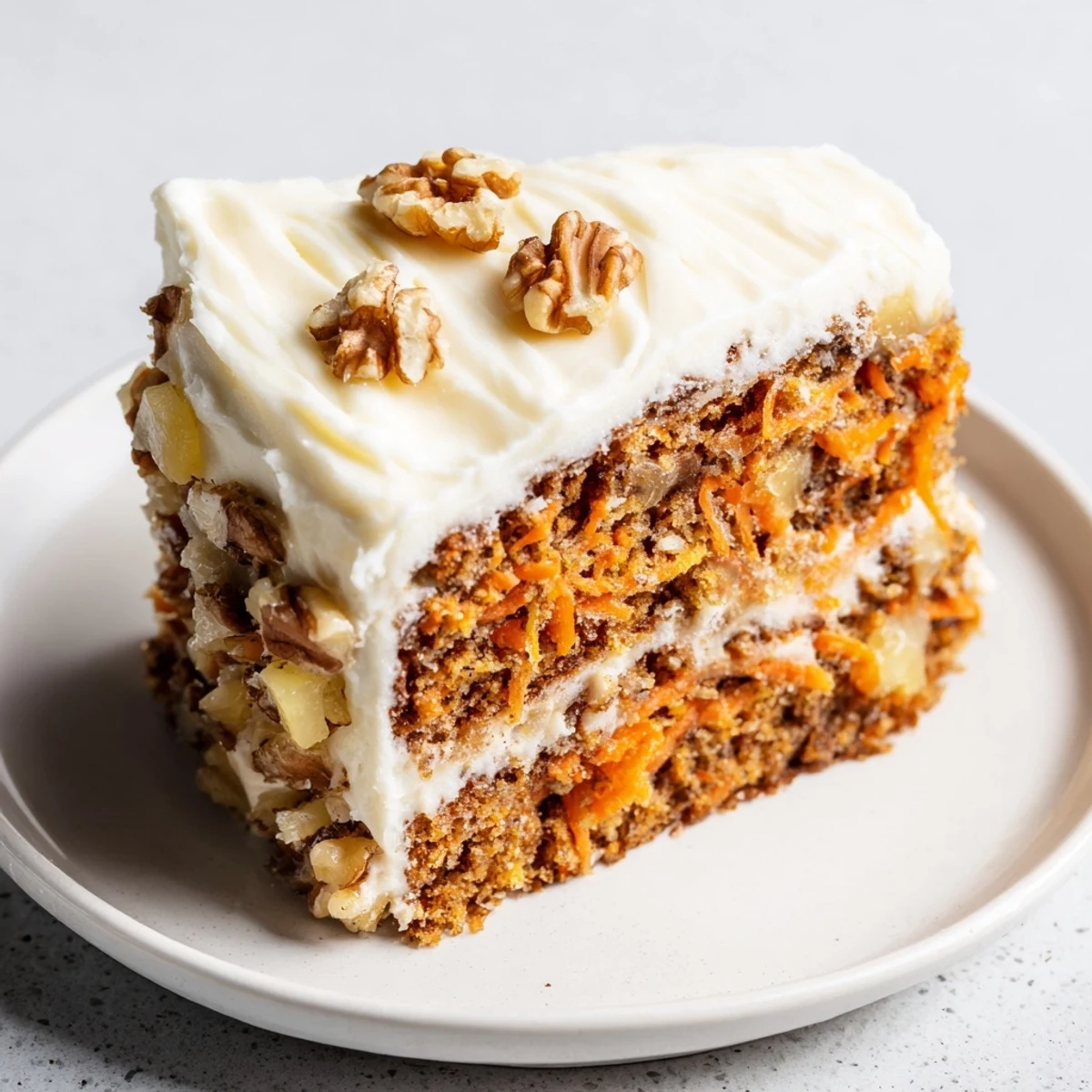 Freshly frosted Easter Carrot Cake with Walnuts and Pineapple on a white plate, topped with cream cheese frosting and extra chopped nuts. 