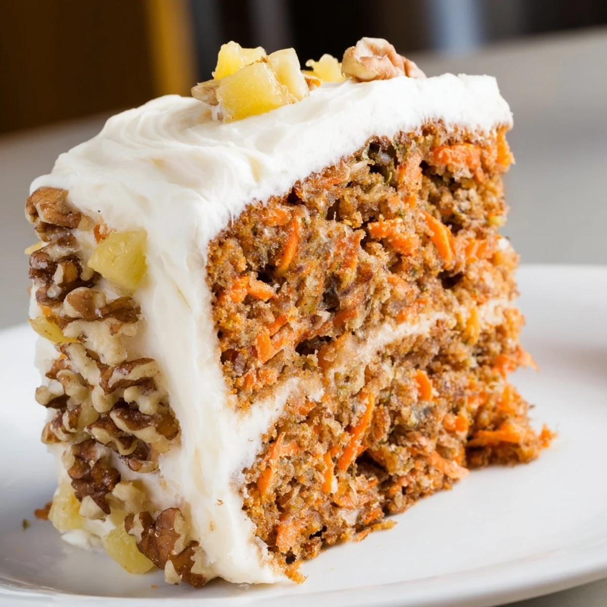 Sliced wedge of moist Easter Carrot Cake with Walnuts and Pineapple reveals carrots, pineapple bits, and walnuts. 