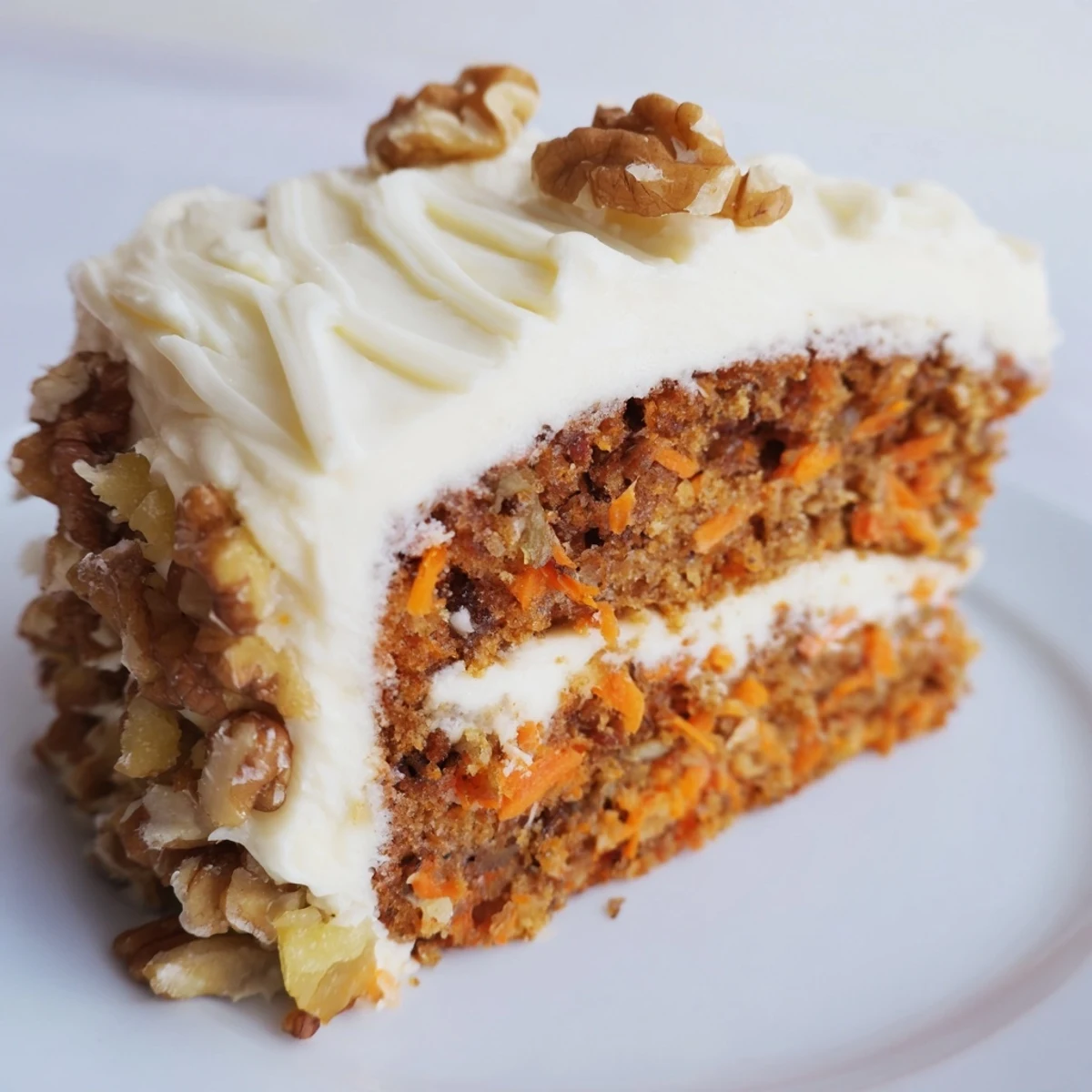 Spring themed Easter Carrot Cake with Walnuts and Pineapple on marble counter, garnished with carrot curls and walnuts.