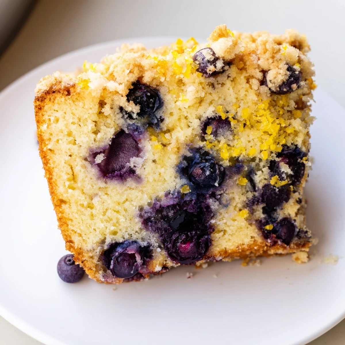A slice of moist Lemon Blueberry Coffee Cake with Crumble reveals juicy berries and a golden crumb topping.