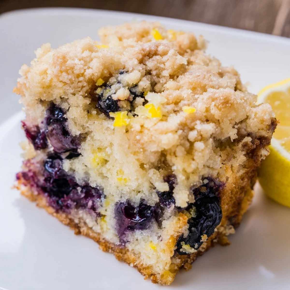 Warm Lemon Blueberry Coffee Cake with Crumble is finished with a buttery crumble and sweet lemon glaze.