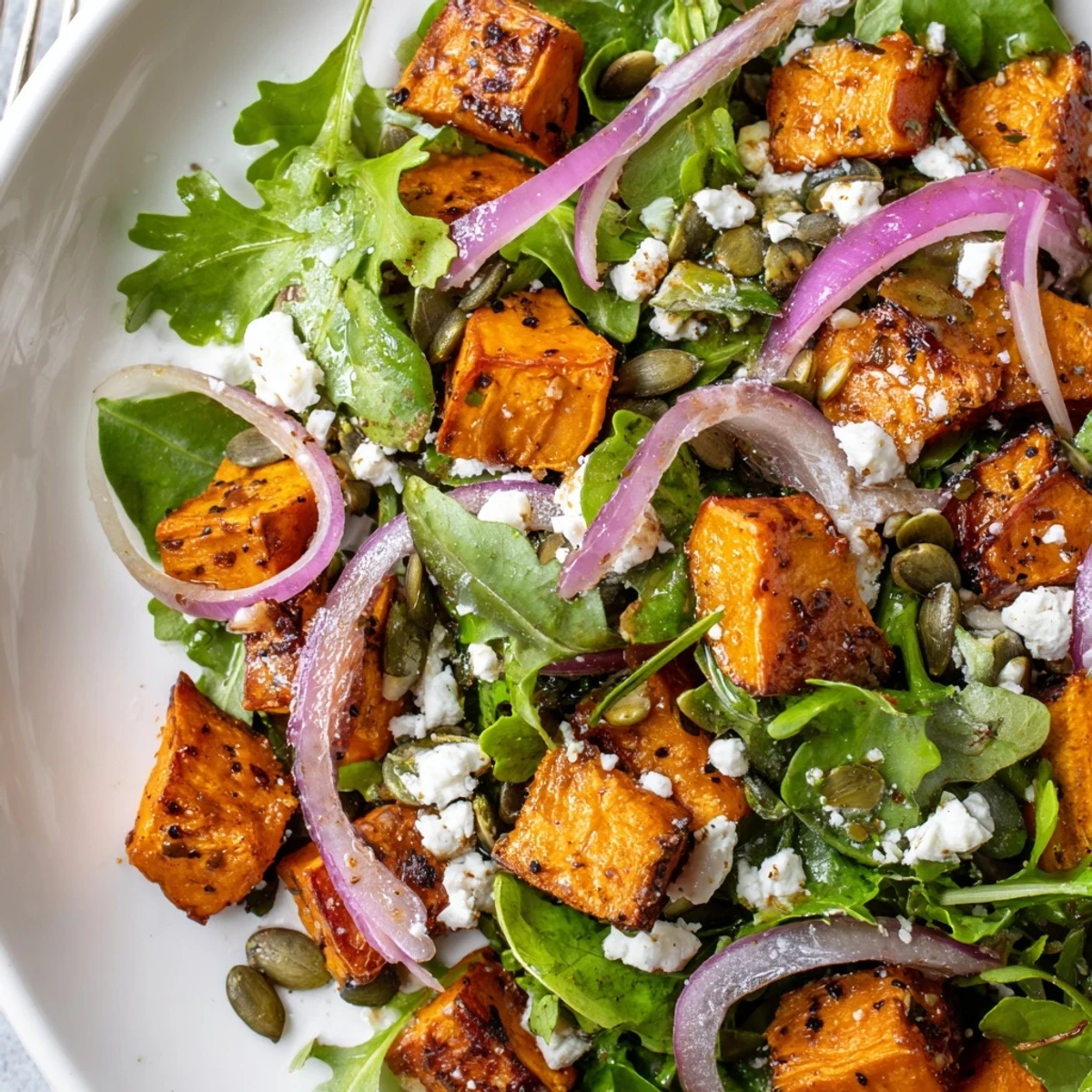 Roasted Sweet Potato Salad with Lime Dressing served on a white plate with mixed greens, red onion slices, and toasted pumpkin seeds.