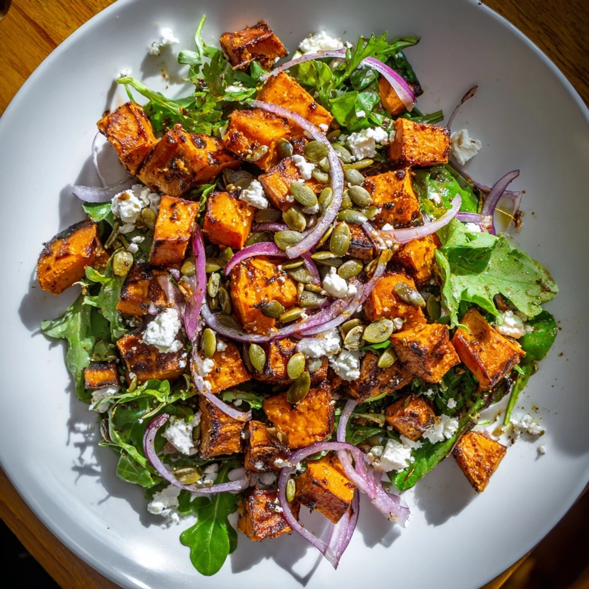Roasted Sweet Potato Salad with Lime Dressing features caramelized orange cubes, creamy feta crumbles, and fresh cilantro leaves in a tangy dressing.