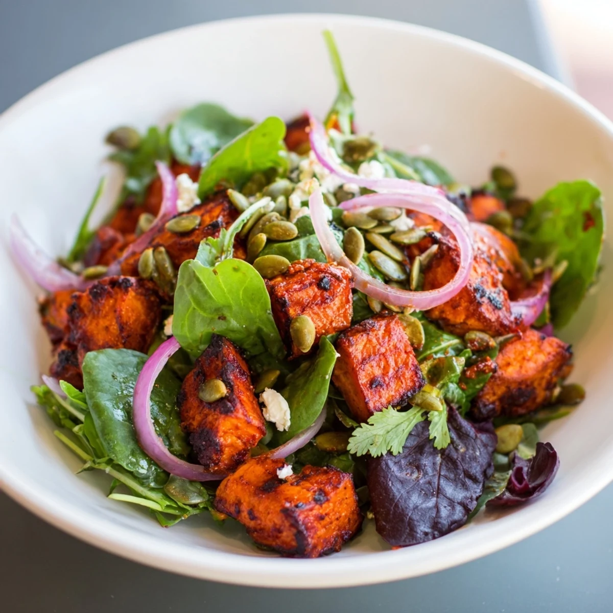 Overhead view of Roasted Sweet Potato Salad with Lime Dressing, showcasing vibrant greens, seeds, and lime wedges on a rustic table.