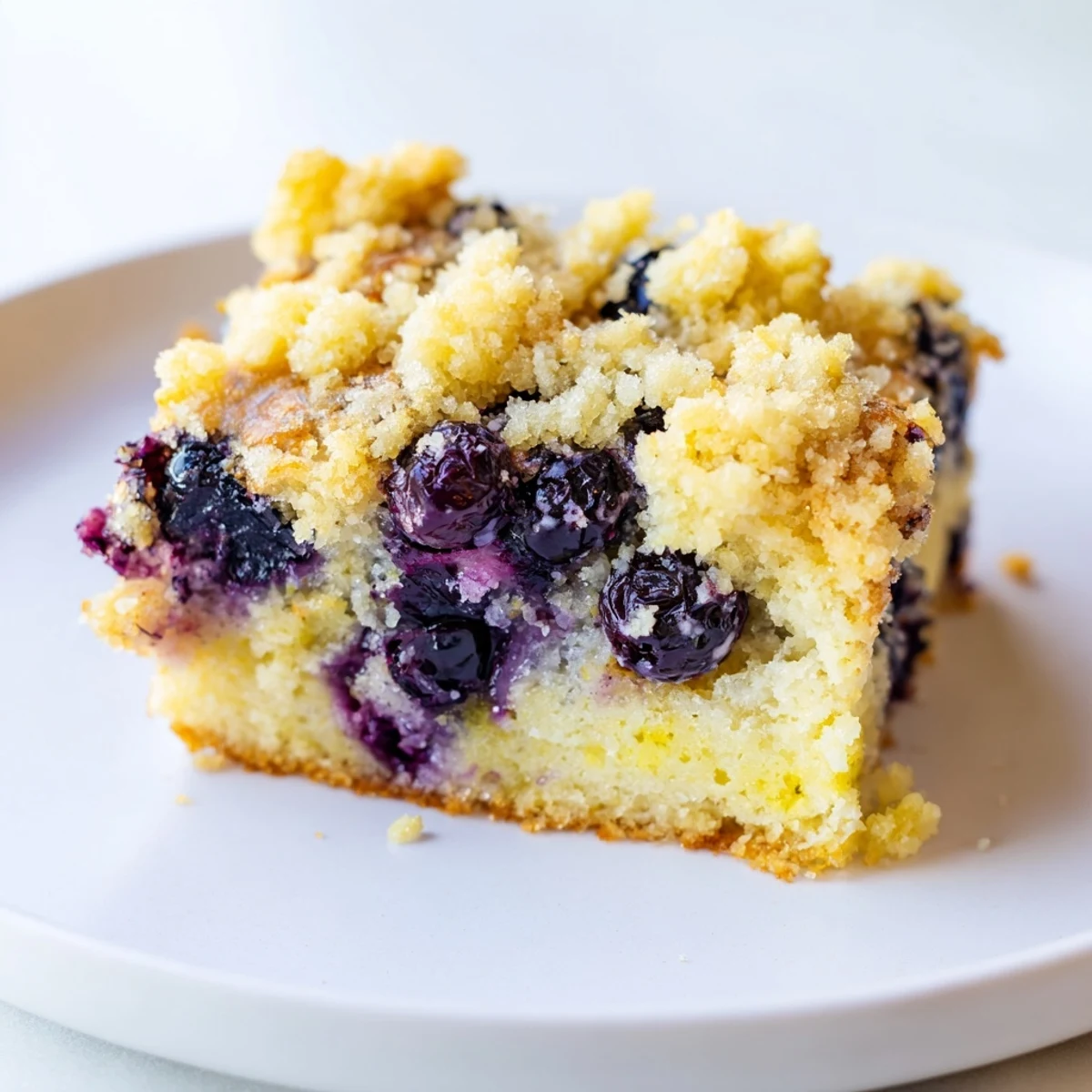 Freshly baked Lemon Blueberry Coffee Cake with Crumble sits on a white plate next to a steaming mug of coffee.