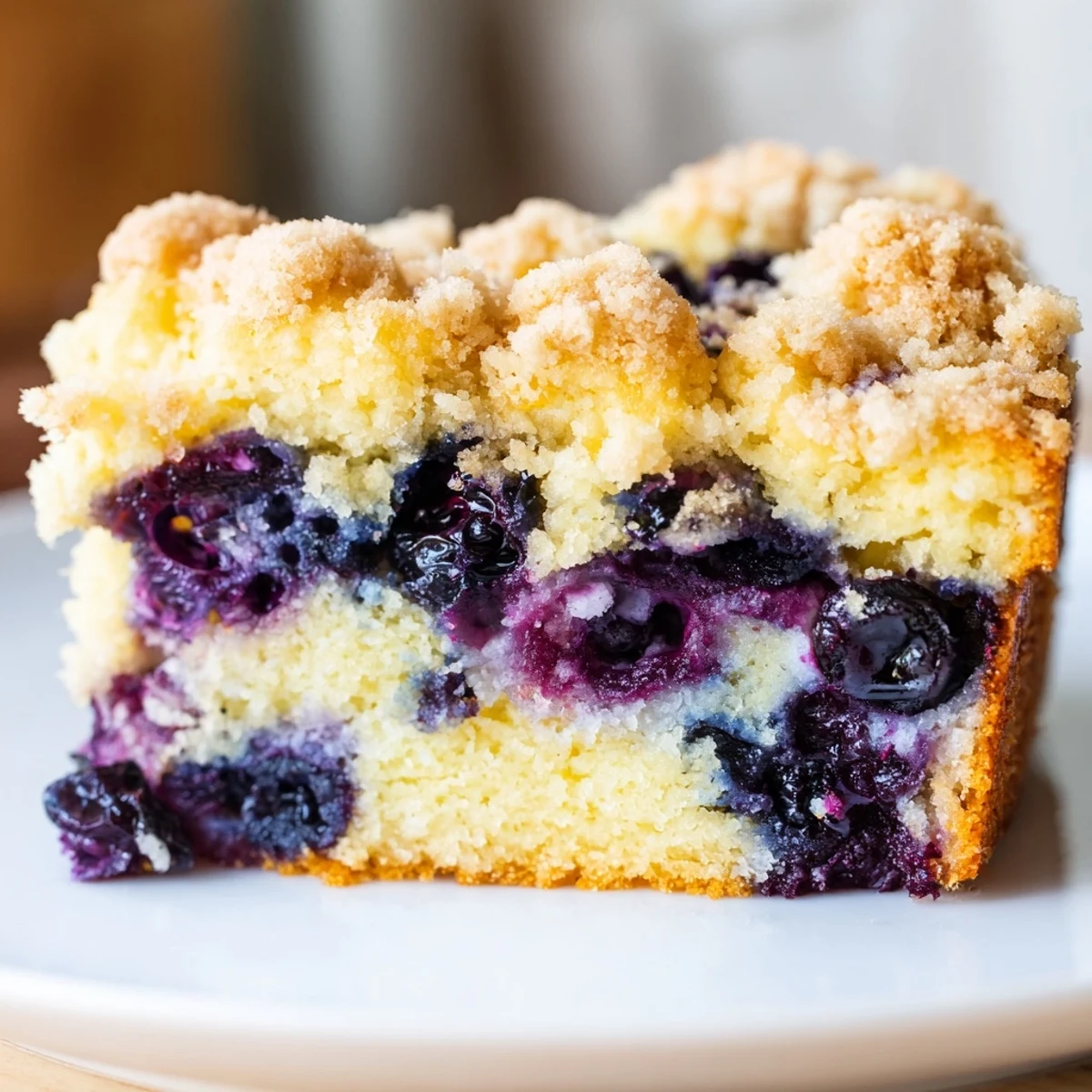 A slice of Lemon Blueberry Coffee Cake with Crumble showcases juicy berries and a buttery streusel topping.