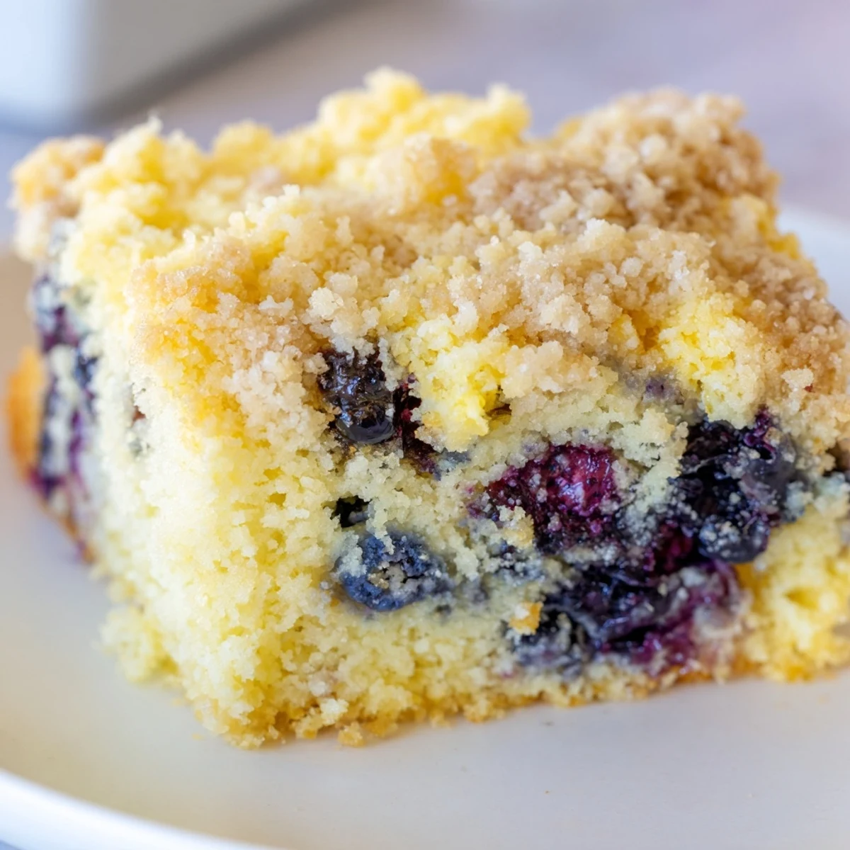 Overhead view of Lemon Blueberry Coffee Cake with Crumble, revealing a moist crumb and glossy lemon glaze.