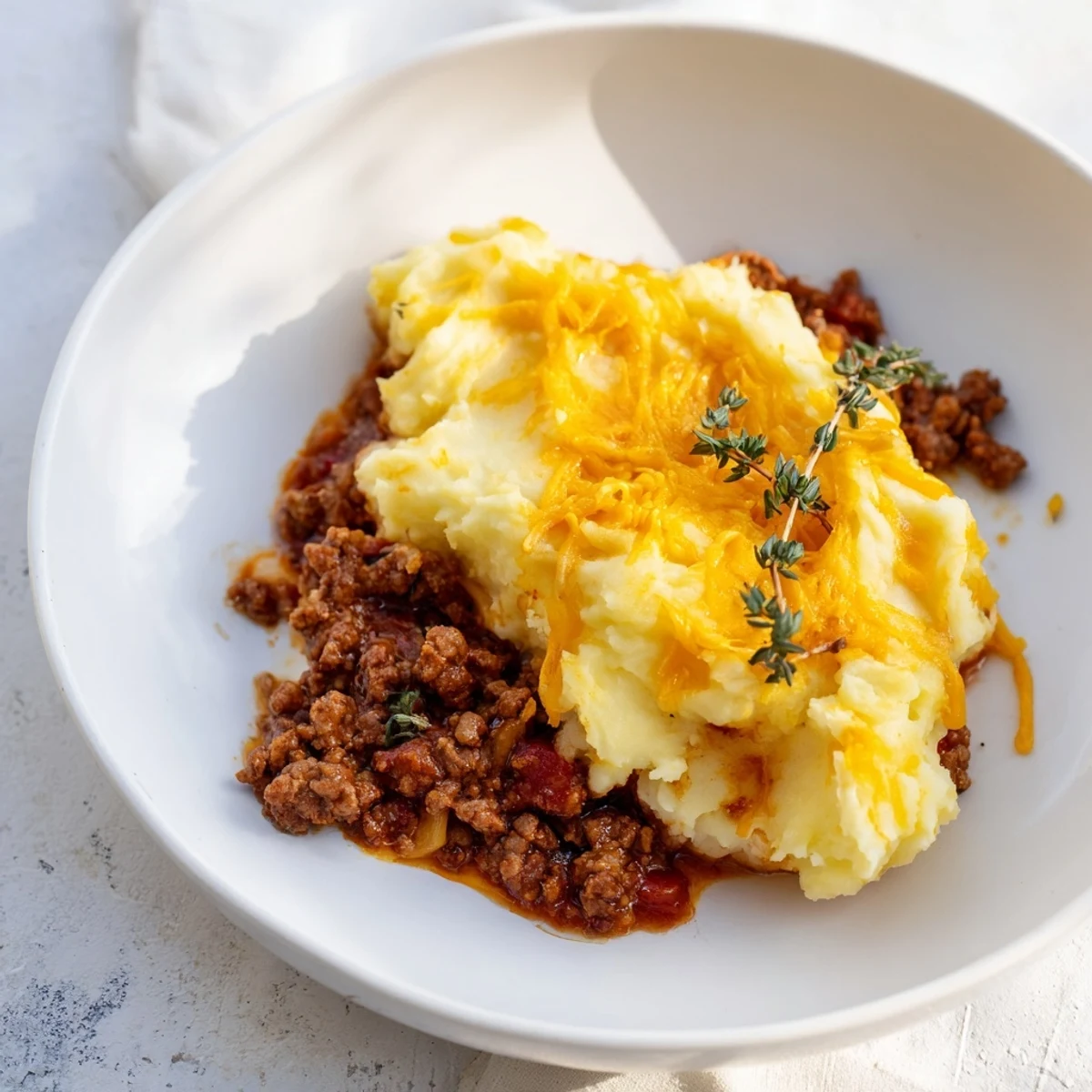 A close-up of Beef Shepherds Pie with Cheddar Mash shows golden, bubbly cheese crust over creamy mashed potatoes, served hot in a rustic dish.