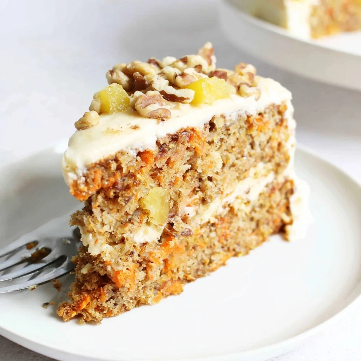 A slice of moist Easter Carrot Cake with Walnuts and Pineapple showcases thick cream cheese frosting and crunchy walnut garnish on a pastel plate.  