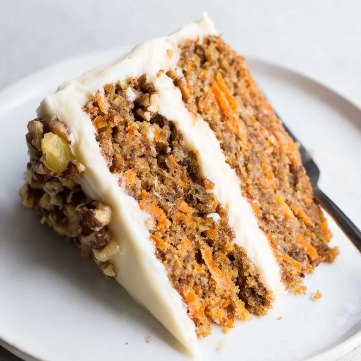 Close-up of Easter Carrot Cake with Walnuts and Pineapple revealing tender crumb, shredded carrots, and pineapple flecks under velvety frosting.  