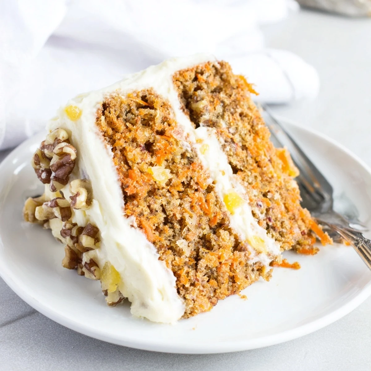 Festive Easter Carrot Cake with Walnuts and Pineapple, whole layered cake with piped frosting and carrot curls, ready for spring celebration dessert table.