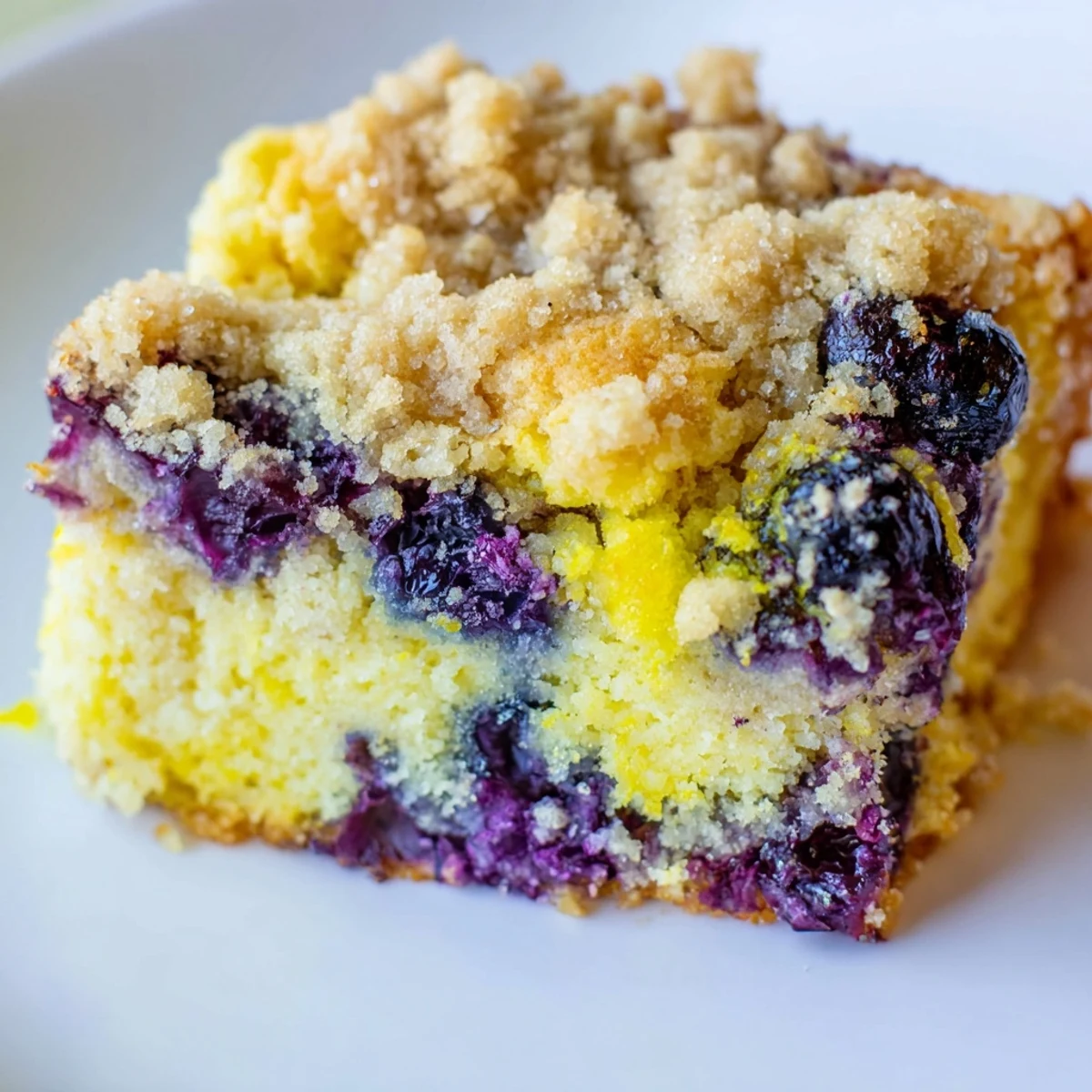 A slice of Lemon Blueberry Coffee Cake reveals moist crumb bursting with juicy berries, crumbly streusel, and lemon glaze drizzle, served on a white plate.