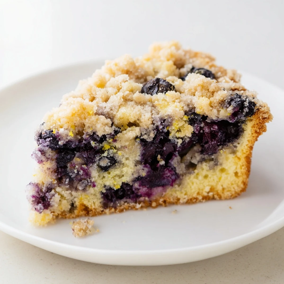 A warm Lemon Blueberry Coffee cake with golden buttery streusel topping, fresh blueberries peeking through, and a light lemon glaze, ready for brunch or dessert.